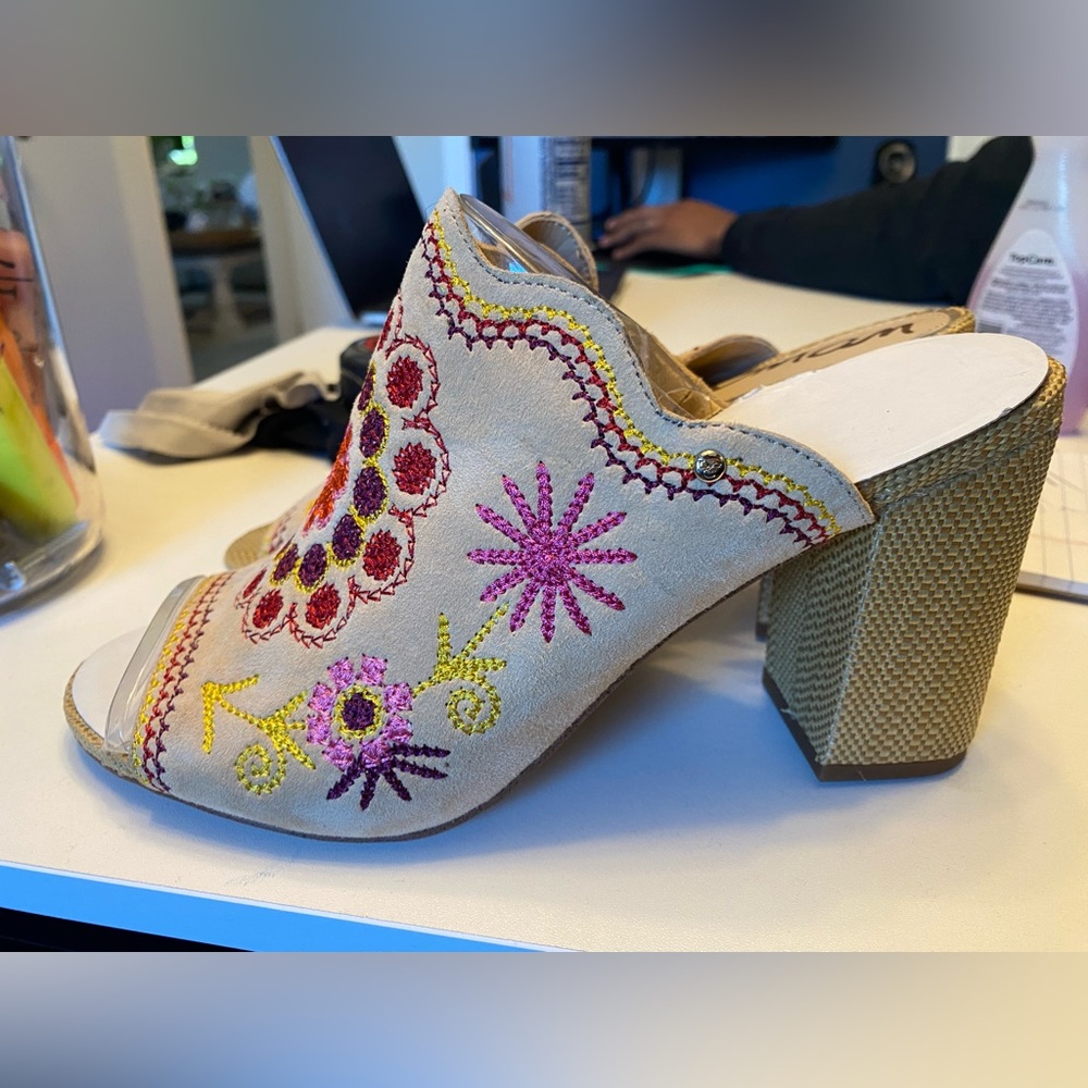 Sam Edelman Embroidered Suede Block Heel NWT